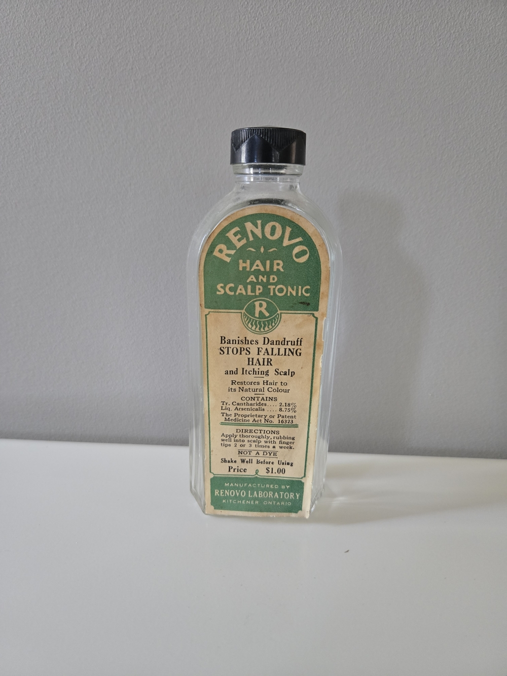 Renovo Hair and Scalp Tonic Vintage Bottle - Green & Cream Label - 6.25"